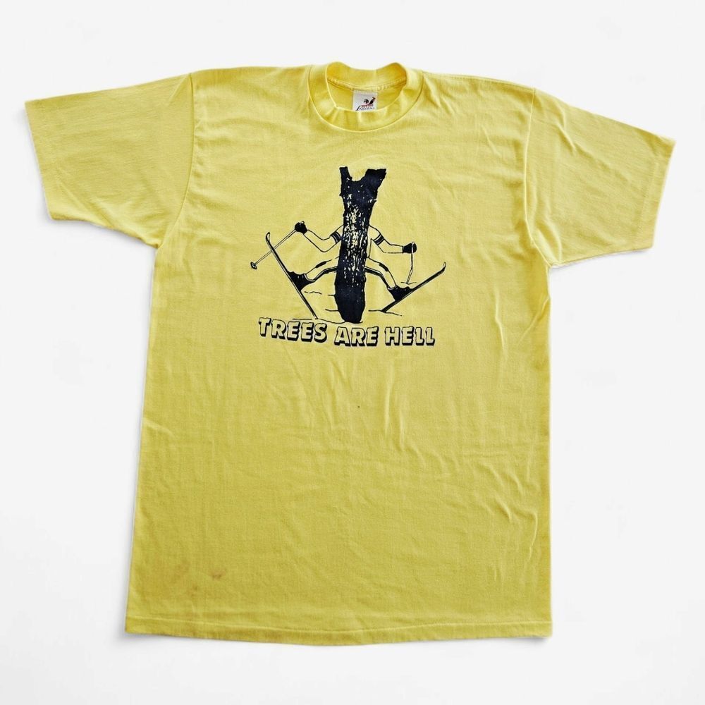 Vintage 1970s Bantams Trees are Hell Ski Bum Soft Yellow Graphic Tee T-Shirt L